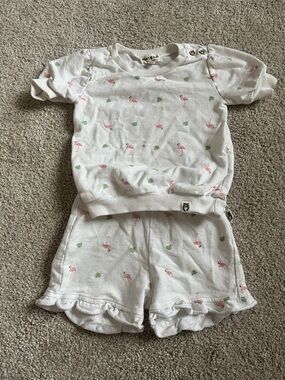 Rabbit + Bear | White Flamingo Set with Ruffle Shorts